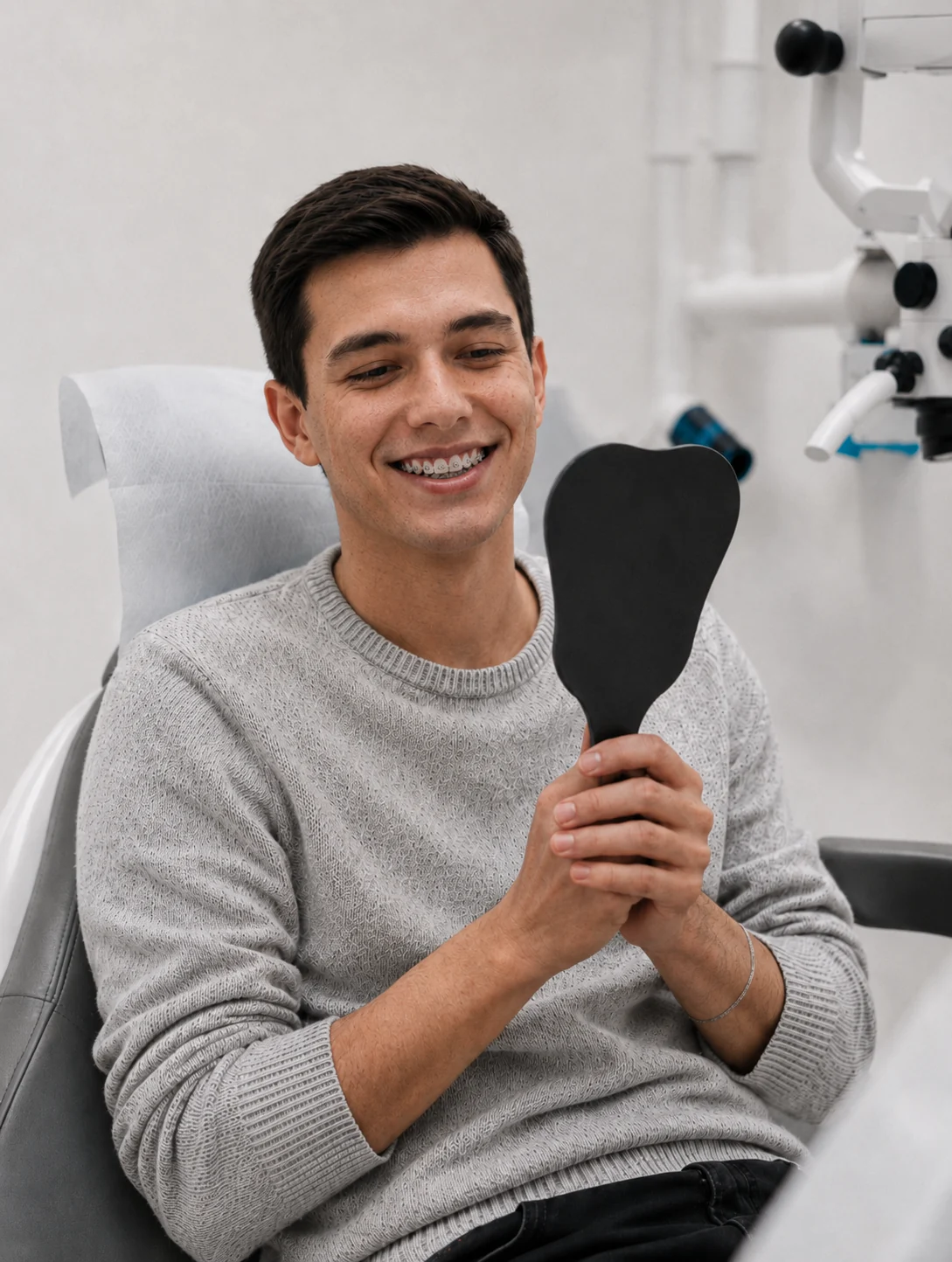 Paciente sonriendo con brackets en el consultorio