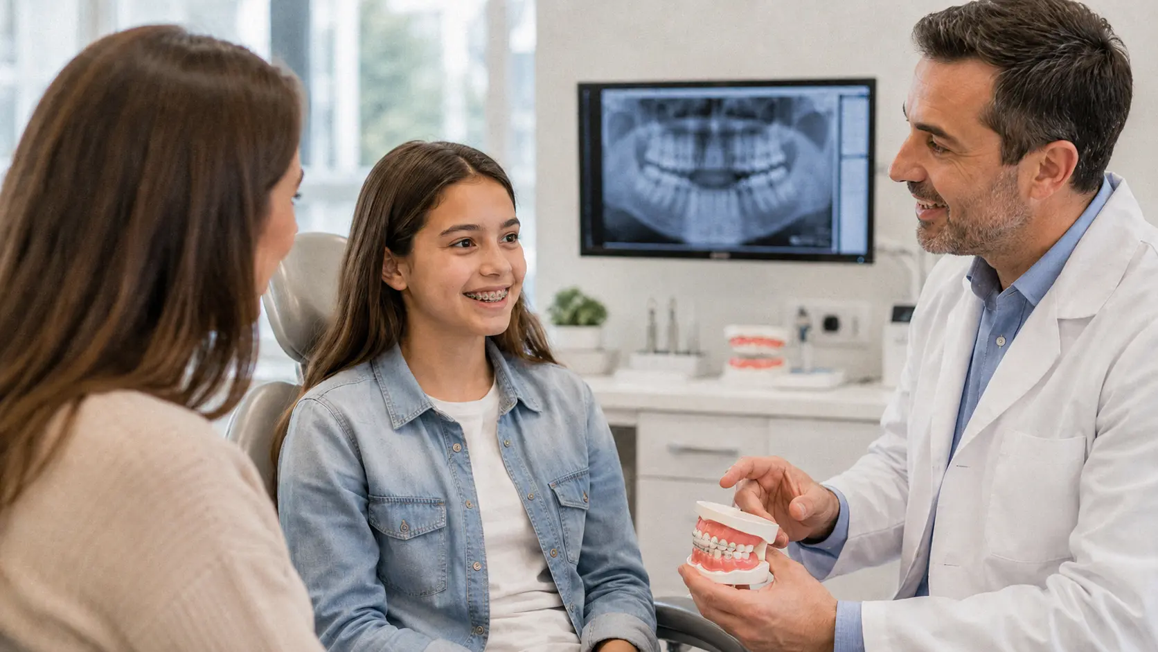 Adolescente con brackets durante una consulta de ortodoncia acompañada por su madre
