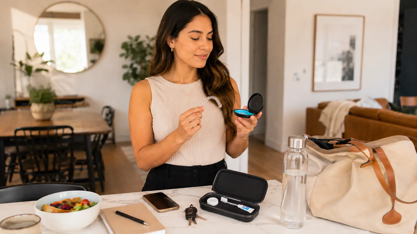 Mujer guardando su alineador Invisalign en el estuche antes de salir, con estuche de higiene, botella de agua y bolso sobre la mesa