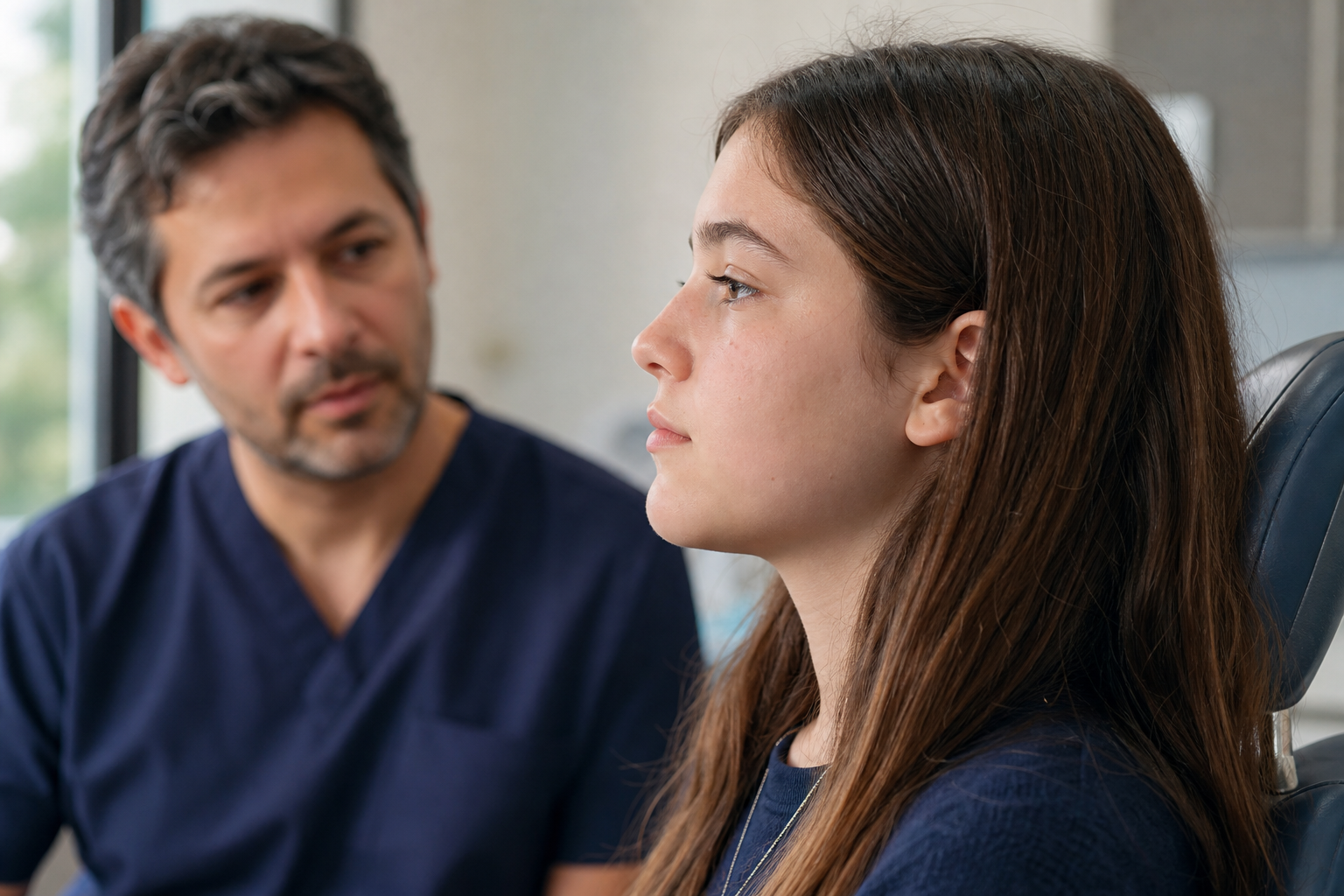 Adolescente sentado de perfil en una consulta de ortodoncia mientras el especialista evalúa la posición de la mandíbula y el mentón.
